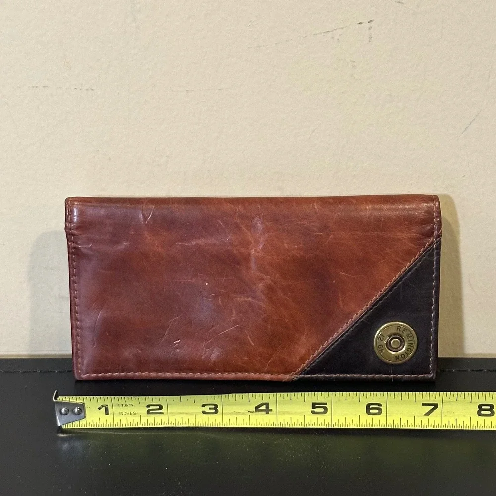 Leather Checkbook Wallet Brown 12 Gauge Shotgun Shell Brass Detail